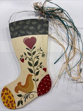 Wooden cottagecore stalking Tole painting raffia ribbon hand painted folk art